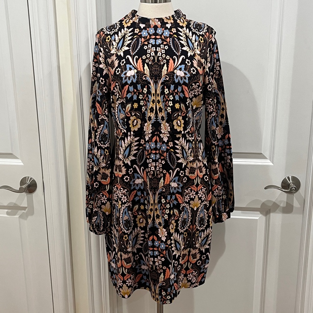 BODEN Floral Paisley‎ Black Dress Size 14R Stretch Long Sleeve